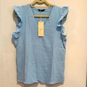 NWT Dokotoo medium Light Blue Ruffle Sleeve V-neck Top
